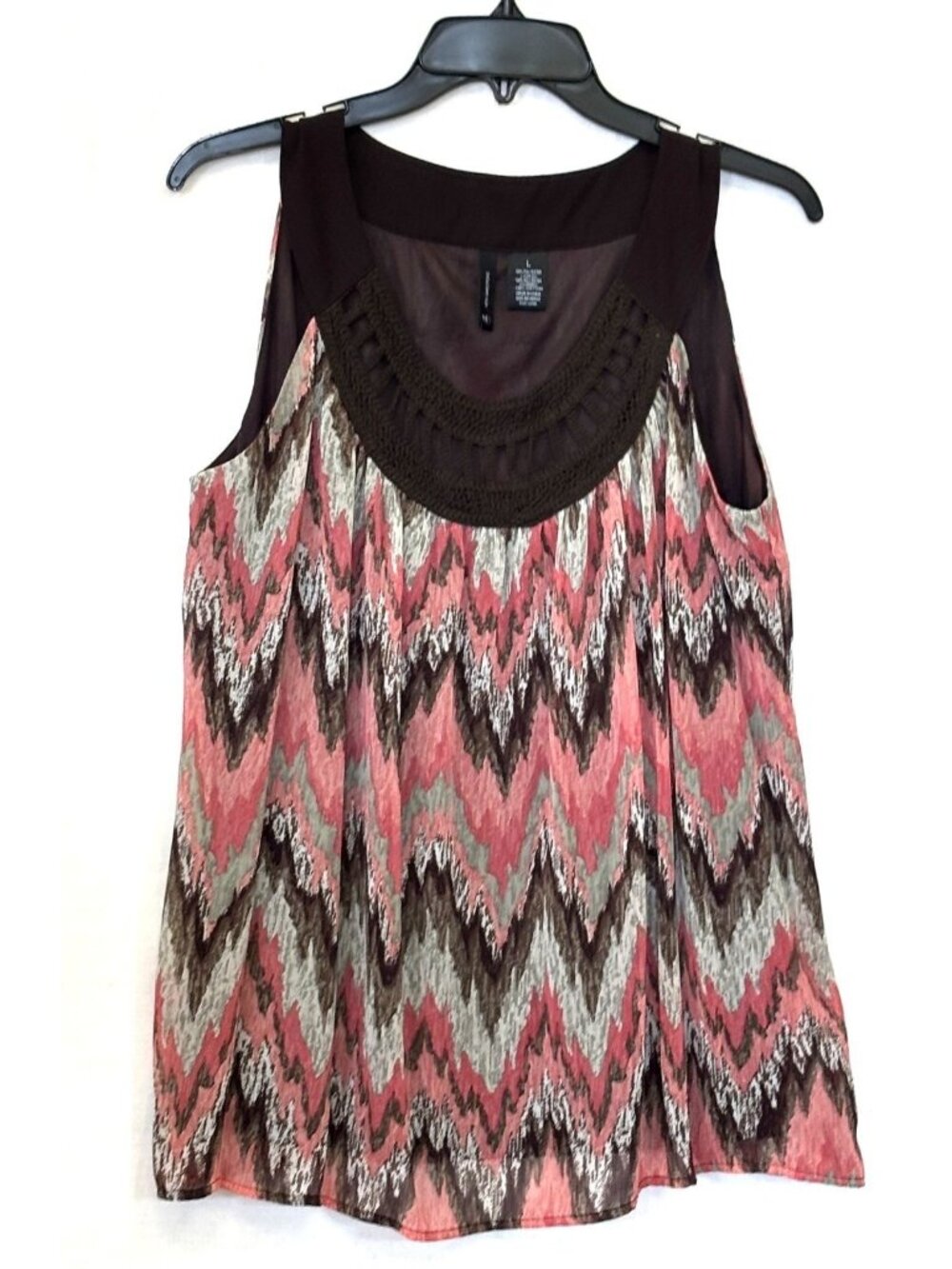 New Directions Sleeveless Top Pink & Brown Crochet on Neck Size Large
